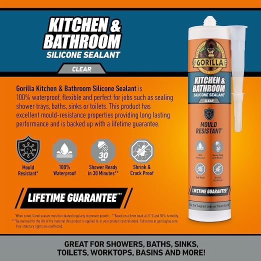 Gorilla Kitchen & Bathroom Clear Silicone Sealant, 295ml